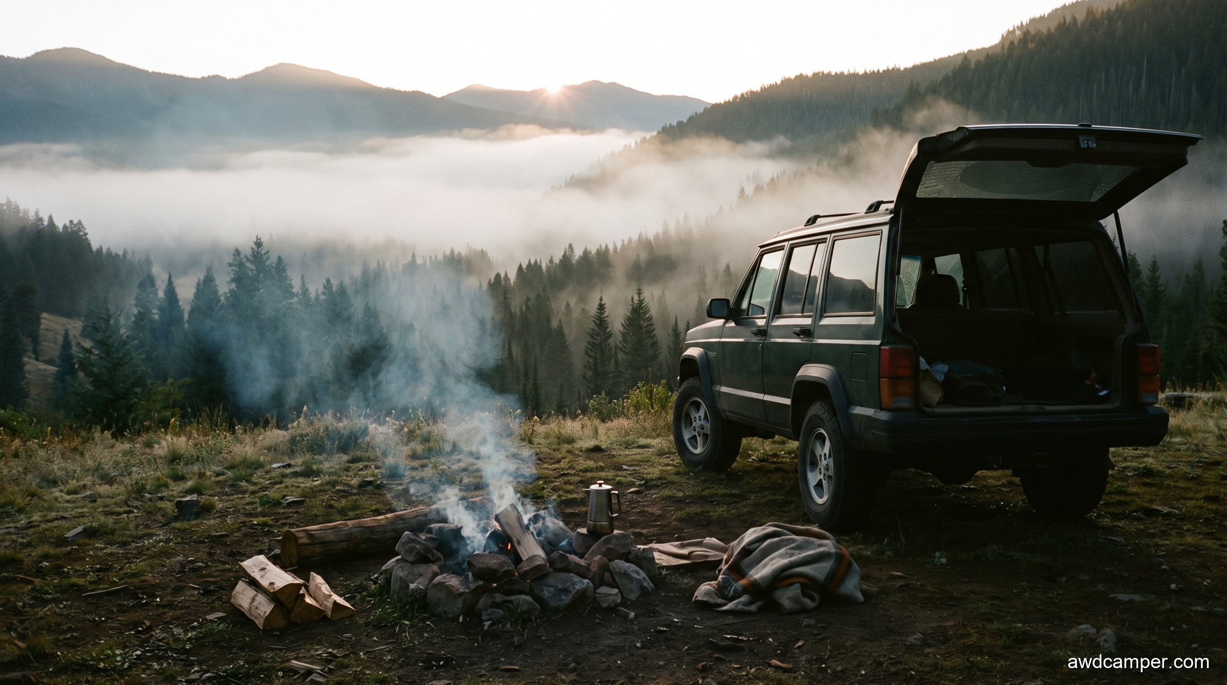 A mountain campsite at first light: an SUV with open hatch beside a small campfire above a misty valley